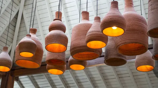 stock image Bali MARCH 2024 - Lighting Interior decoration hanging clay lamp in restaurant, Bali, Indonesia