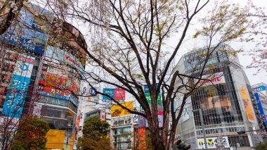 Tokyo, Japonya, Nisan 2024: Shibuya, birden fazla ticari tabelalı şehir binası cephesi