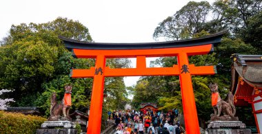 JAPAN, KYOTO Nisan 2024: Kyoto Japonya 'daki Fushimi Inari Taisha' da sakura, kiraz çiçeği 