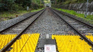 JAPAN, KYOTO Nisan 2024: Kyoto, Japonya 'daki Bambu Ormanı yakınlarındaki bir demiryolu geçidine yaklaşan tren.