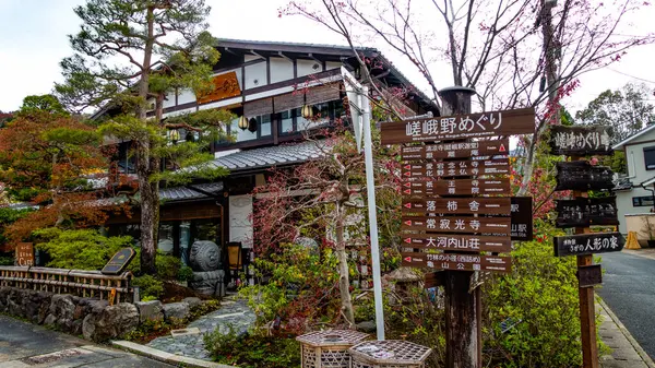 stock image JAPAN, KYOTO  April 2024:Japanese Signpost in Arashiyama District showing the Direction and Distance to nearby Attractions, Kyoto, Japan.