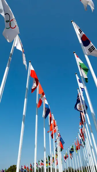 stock image KOREA, SEOUL  April 2024 :Olympic Park, with a row of flags (competing nations in 1988 the Olympic Games) fluttering in the background, Seoul, South Korea