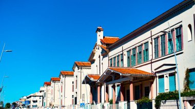 LIDO DI OSTIA, ROME, Toscanelli sahilindeki eski Colonia Marina Vittorio Emanuele III, Ostia Lido, Roma, İtalya