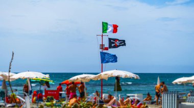 Lido di Ostia, Ostia, Ostia Lido, Rome, Italy, beach panorama with sun umbrellas and deck chairs in Ostia Lido, Rome, Italy