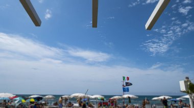Lido di Ostia, Ostia, Ostia Lido, Rome, Italy, beach panorama with sun umbrellas and deck chairs in Ostia Lido, Rome, Italy