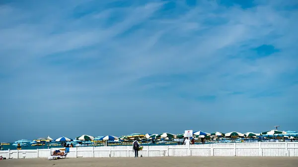 stock image LIDO DI OSTIA ROME, beach panorama with sun umbrellas and deck chairs in Ostia Lido, Rome, Italy