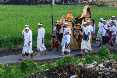Kafalarında tapınak, adak ya da geboganlar taşıyan geleneksel giyinmiş kadın ve erkeklerin geçit töreni, Barong şeytanları, Endonezya 'nın Bali adasındaki Seseh sahilinde, Ağustos 2025' te sergilenecek.