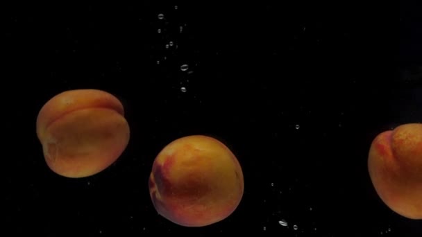 Slow Motion Three Peaches Falling Transparent Water Black Background Fresh — Video Stock