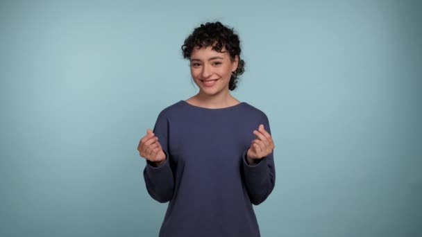 Portrait Smiling Curly Woman Rubbing Fingers Showing Cash Money Gesture — Video Stock