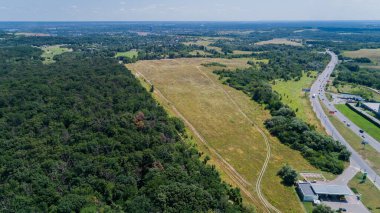 Drone aerial view field in sunny day, summer nature landscape, green trees forest