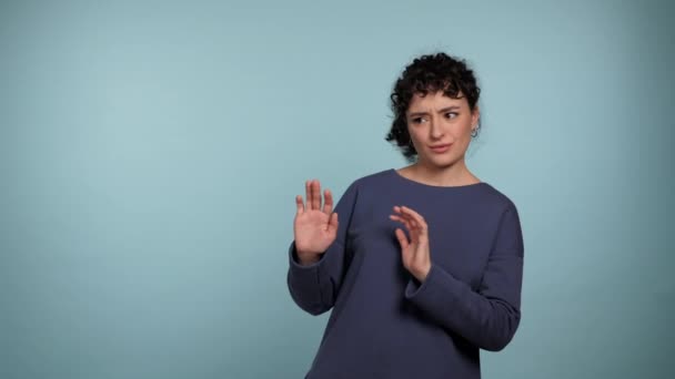 Portrait Curly Woman Need Distance Showing Stop Hands Gesture Looking — Video