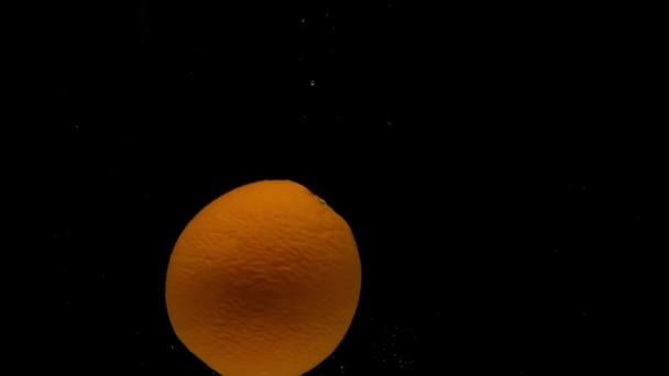 Zwolnij Tempo Jeden Pomarańczowy Wirujący Wpadający Przezroczystej Wody Czarnym Tle — Wideo stockowe
