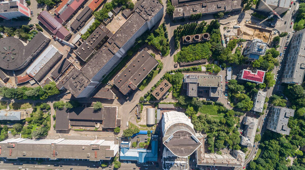Aerial top view building former factory Arsenal. Drone shot beautiful Kyiv Kiev building on a sunny summer day. Capital of Ukraine. Reconstruction