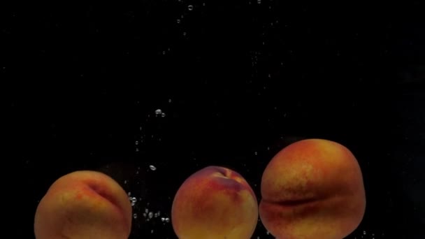 Zeitlupe Fallen Drei Pfirsiche Transparentes Wasser Auf Schwarzem Hintergrund Frische — Stockvideo