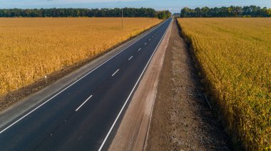 Buğday ve mısır tarlaları arasında hava manzaralı yeni yol asfaltı. İnsansız hava aracı güneşli bir günde güzel bir yaz manzarası çekti. Mavi gökyüzü