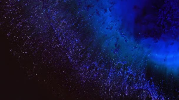 Oscuro Neón Azul Negro Colores Tinta Partículas Brillantes Macro Abstracciones — Vídeos de Stock