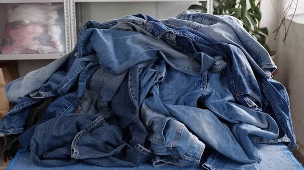Old Denim Jeans Textile Waste Denim Fabric Recycling Denim Clothing — Stock Photo, Image