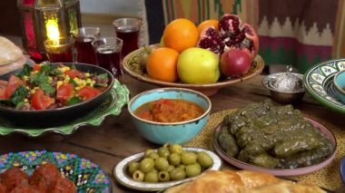 The Food of Ramadan. Ramadan Iftar Meals on the Table. High quality 4k footage