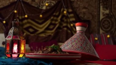 Authentic Moroccan Lamb Tagine. Festive hot food for the Eid. High quality 4k footage