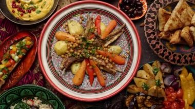 Rack of Lamb cooked in a tagine with vegetable. Ramadan food. Authentic middle eastern culinary composition in traditional dishes. High quality 4k footage