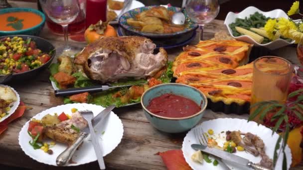 Remains Uneaten Food Table Festive Family Dinner High Quality Footage — Stock Video