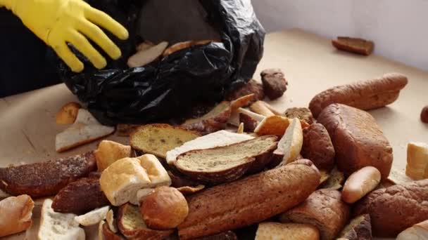 陈腐的面包 手工艺面包店和餐馆的面包浪费 食品工业的循环经济 高质量的4K镜头 — 图库视频影像