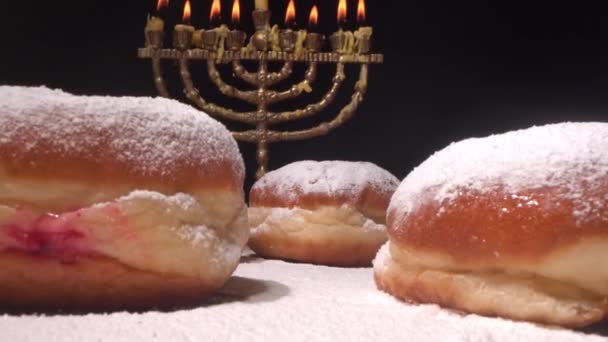 Menorá Janucá Luces Sufganiyot Fiesta Judía Imágenes Alta Calidad — Vídeos de Stock