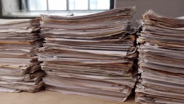 Stack Business Paper Desk Paperwork Office Piled Heap High Documents — Stock Video