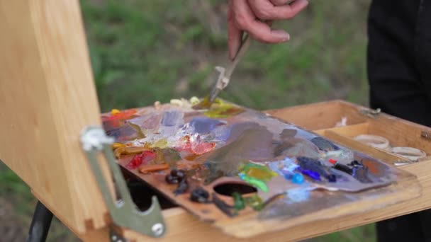 Artiste Mélange Des Peintures Huile Sur Palette Avec Pinceau Peinture — Video