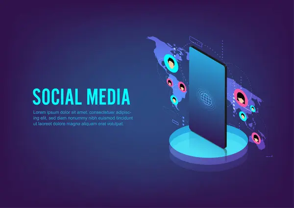 Business Sociala Medier Banner Och Mobiltelefon Global Nättelekommunikationssignal Kommunikationsteknik Världskartan — Stock vektor
