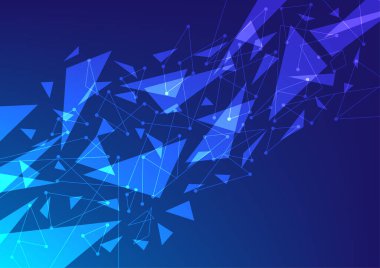 Soyut arka plan fraktal camı. Ayna pulu yansıması mavi arka plan. Üçgen çokgen şekilli uçan