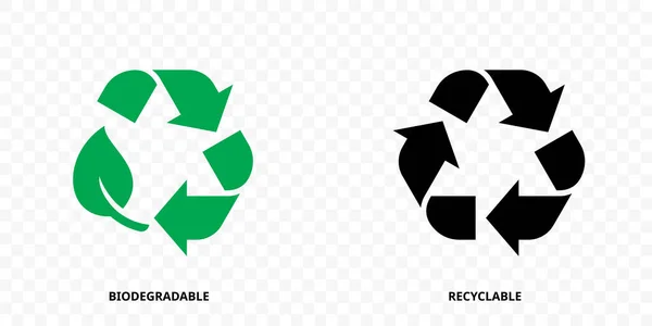 Icone Riciclabili Biodegradabili Etichetta Ecologica Vettoriale Foglia Freccia Timbro Organico — Vettoriale Stock