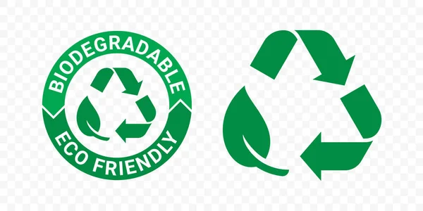 Icone Riciclabili Biodegradabili Foglioline Biologiche Biologiche Vettoriali Etichetta Freccia Francobolli — Vettoriale Stock