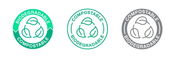 Icone Biodegradabili Compostabili Francobolli Bio Riciclabili Degradabili Simboli Delle Foglie — Vettoriale Stock