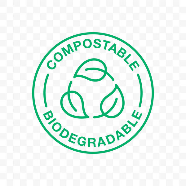 Biodegradable icon or compostable eco plastic, vector leaf label. Bio degradable stamp, green recycle circle symbol, for eco friendly organic and recyclable packs