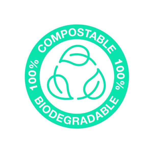 生分解性 堆肥化可能なリサイクル可能なアイコン バイオプラスチックフリーパックベクトル緑の葉ラベル 生分解性およびエコ安全性 生分解性パッケージの有機リサイクルシンボル — ストックベクタ