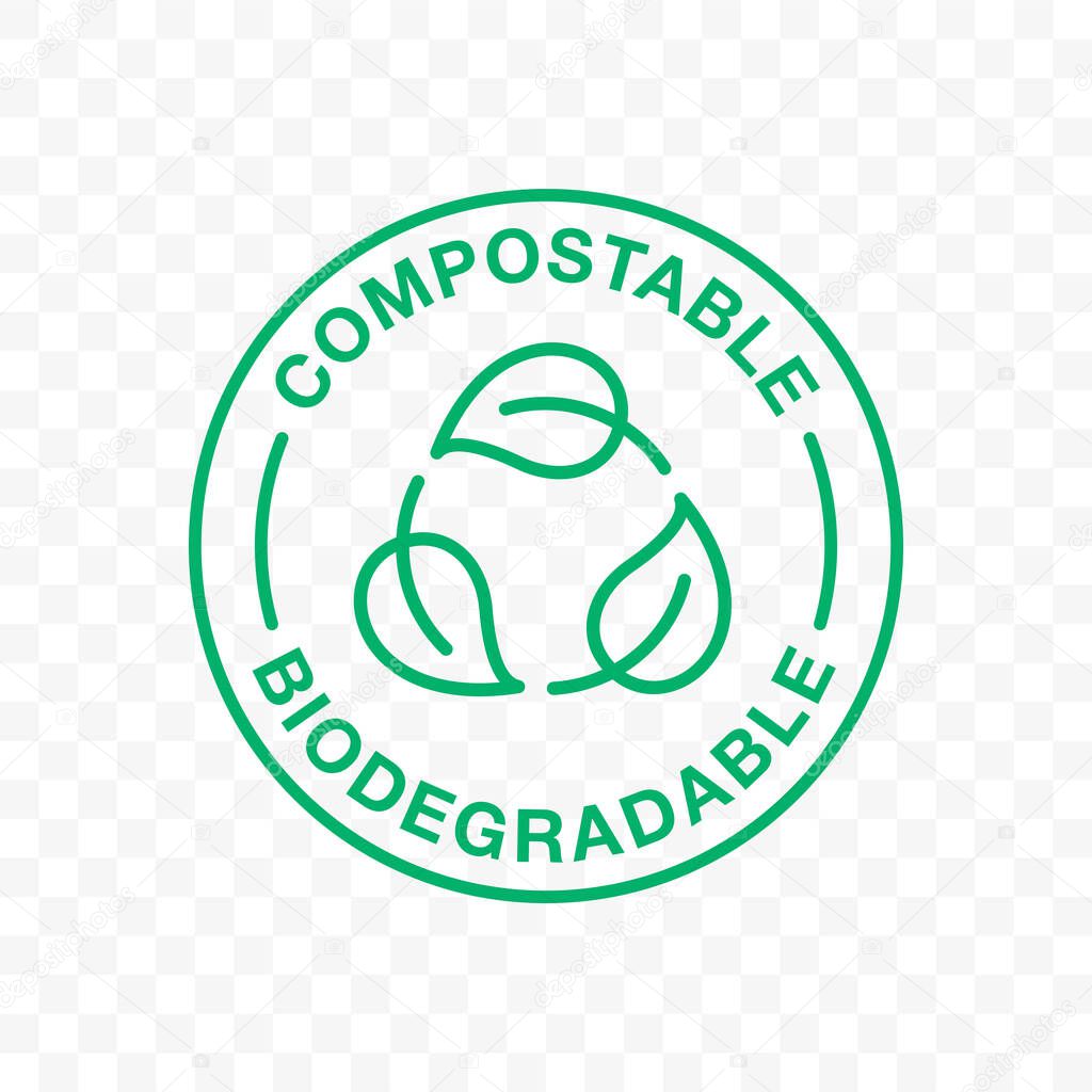 Biodegradable icon or compostable eco plastic, vector leaf label. Bio degradable stamp, green recycle circle symbol, for eco friendly organic and recyclable packs