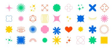 Shape elements, geometric abstract graphic minimal design, vector patch pattern. Geometric shape elements circle, star and triangle, line figures and abstract minimal art icons