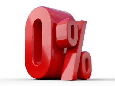 0% 3d görüntü. Kırmızı yüzde sıfır beyaz arka planda özel teklif