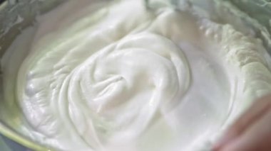 The Mixer Beats The Cream For The Cake. Culinary Preparation Of Sweets. Pie Baking For The Holiday. Egg White.