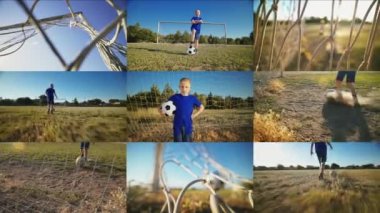 Boy Footballer. The Child Runs With The Ball On The Football Field And Scores Into The Goal. Sport Concept Healthy Lifestyle. Split Screen