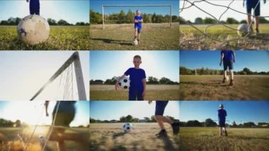 The Child Runs With The Ball On The Football Field And Scores Into The Goal.  Sport Concept Healthy Lifestyle. Split Screen . Boy Footballer. 