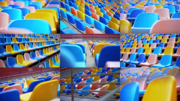 スポーツコンセプト 競争のための緑の芝生とフィールド ファンや公共の群衆のための場所 分割画面 スタジアムの椅子のモンタージュコラージュ アリーナの多色の空の席 — ストック動画