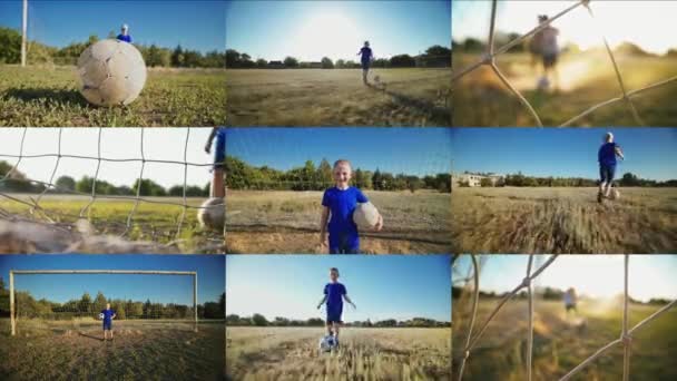 Sport Concept Healthy Lifestyle Split Screen Boy Footballer Child Runs — Video Stock
