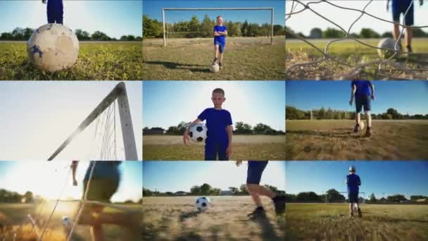 Дитина Біжить Ячем Футбольному Полі Забиває Гол Спортивна Концепція Здорового — стокове відео