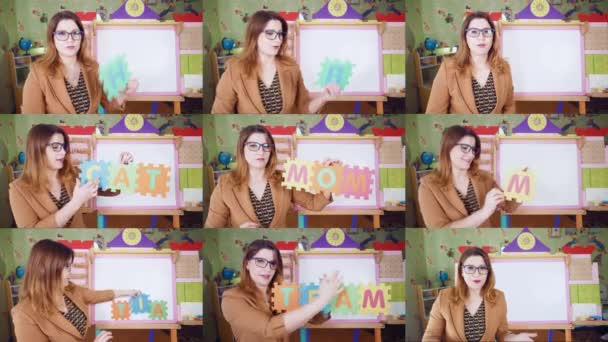 Collage Fernstudium Online Lektion Homeschooling Bildungsvideokonferenz Der Lehrer Lehrt Kinder — Stockvideo