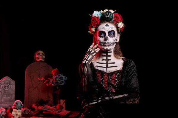 Spaventosa Dea Dei Morti Con Costume Nero Catrina Cranio Body — Foto Stock
