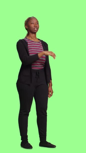 Vertical Video Young Adult Looking Hologram Green Screen Backdrop Using — Stock Video