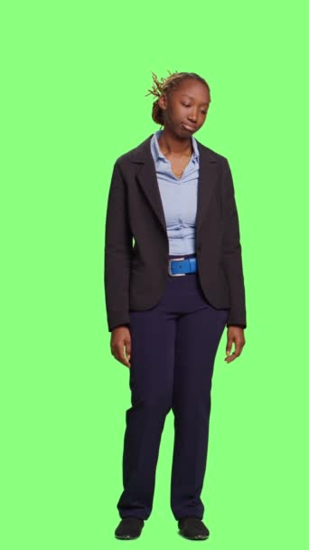 Vertical Video Disappointed Business Woman Suit Standing Background Acting Displeased — Stock Video