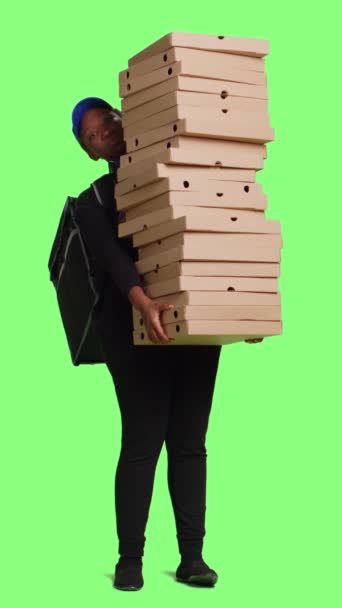 Service Livraison Courrier Transportant Des Boîtes Pizza Grande Pile Debout — Video